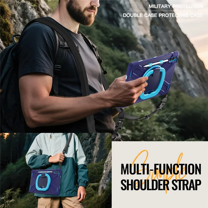 غطاء لجهاز Samsung Galaxy Tab S11 Ultra مع حزام كتف من مادة TPU + PC + سيليكون، غطاء لوحي قابل للطي - أزرق داكن