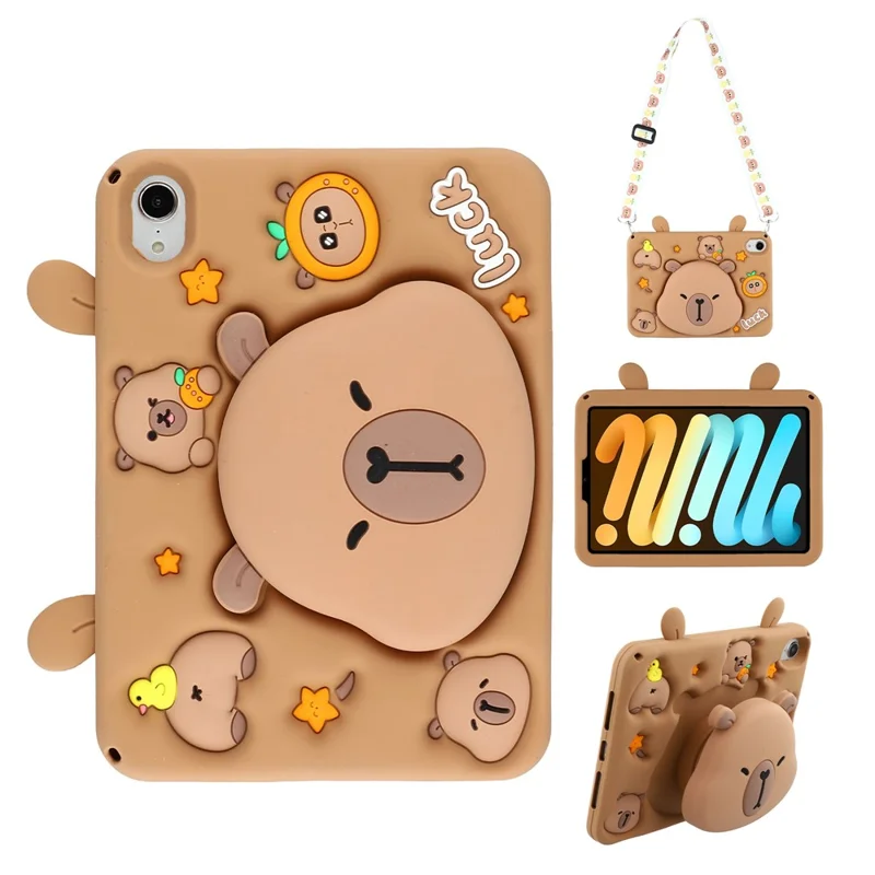 For iPad mini (2024) / (2021) Case Cute Silicone Tablet Cover with Retractable Bear Kickstand / Shoulder Strap