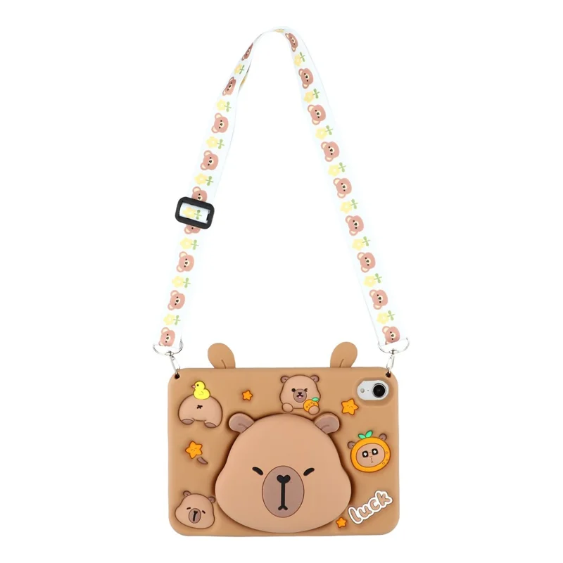 For iPad mini (2024) / (2021) Case Cute Silicone Tablet Cover with Retractable Bear Kickstand / Shoulder Strap