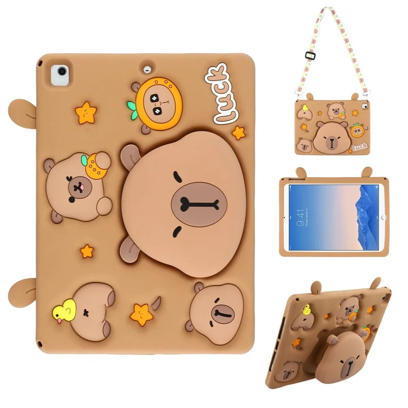 Cute Silicone Case for iPad 9.7-inch (2018) / (2017) / iPad Air 2 / Air (2013) Tablet Cover with Retractable Bear Kickstand / Shoulder Strap
