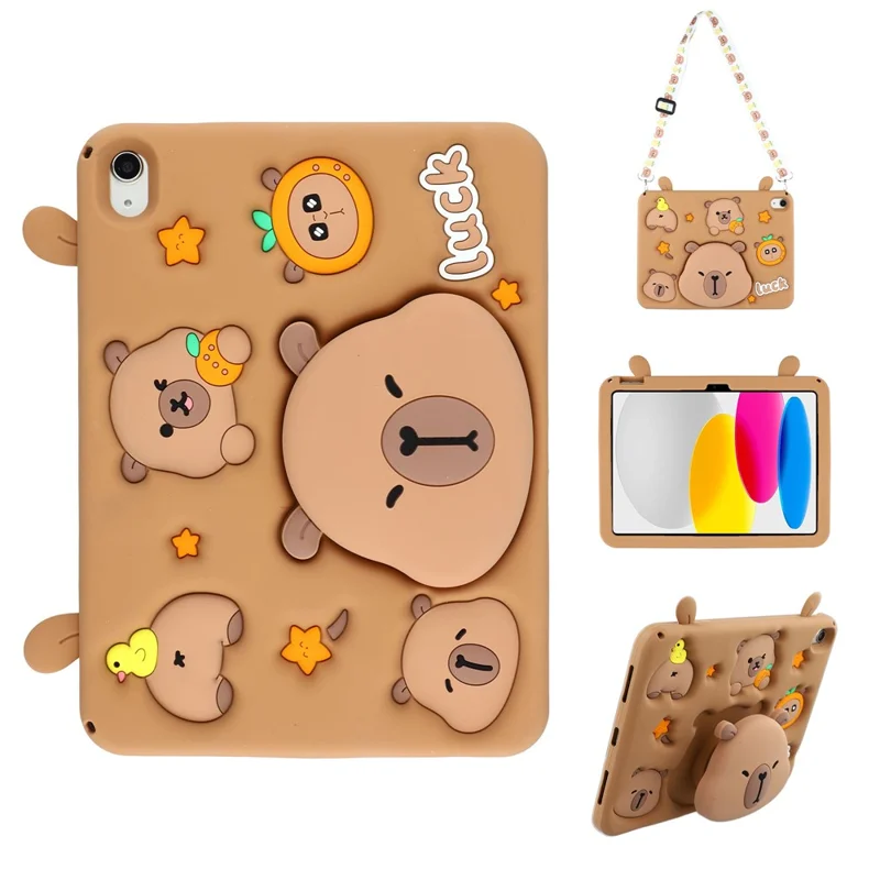 For iPad (2025) / iPad 10.9 (2022) Case Cute Silicone Tablet Cover with Retractable Bear Kickstand / Shoulder Strap