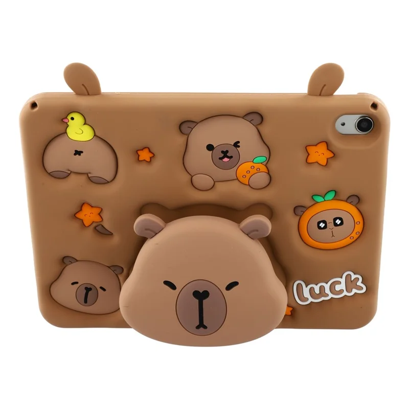 For iPad (2025) / iPad 10.9 (2022) Case Cute Silicone Tablet Cover with Retractable Bear Kickstand / Shoulder Strap