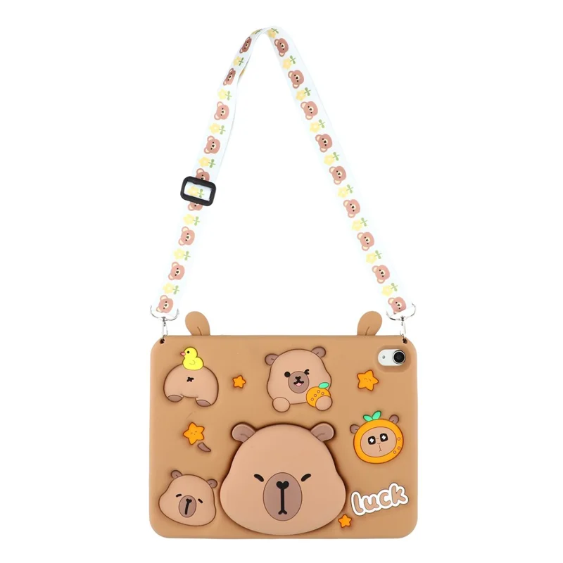 For iPad (2025) / iPad 10.9 (2022) Case Cute Silicone Tablet Cover with Retractable Bear Kickstand / Shoulder Strap