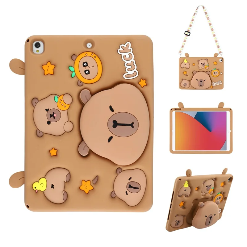 Cute Silicone Case for iPad 10.2 (2021) / (2020) / (2019) / iPad Air 10.5 inch (2019) / Pro 10.5-inch (2017) Tablet Cover with Retractable Bear Kickstand / Shoulder Strap