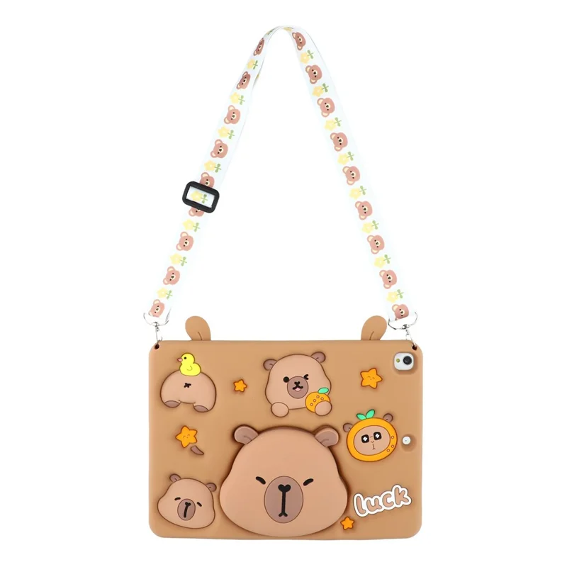 Cute Silicone Case for iPad 10.2 (2021) / (2020) / (2019) / iPad Air 10.5 inch (2019) / Pro 10.5-inch (2017) Tablet Cover with Retractable Bear Kickstand / Shoulder Strap