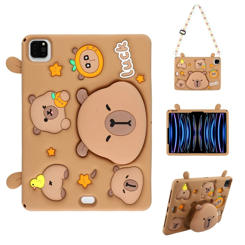 Silicone Case for iPad Air 11 (2025) / (2024) / Air (2022) / (2020) / iPad Pro 11 (2024) / (2022) / (2021) / (2020) / (2018) Tablet Cover with Retractable Bear Kickstand / Shoulder Strap