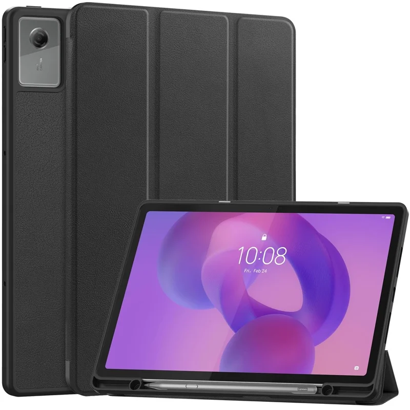 For Lenovo Idea Tab Plus Stand Case Shock-Absorbent Leather Tablet Cover with Pen Slot - Black