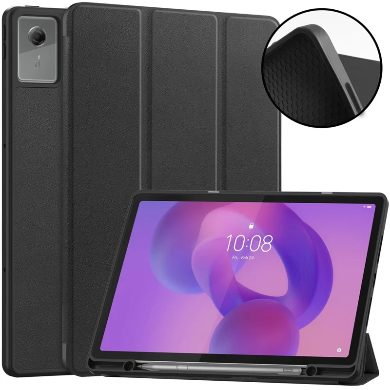 For Lenovo Idea Tab Plus Stand Case Shock-Absorbent Leather Tablet Cover with Pen Slot - Black