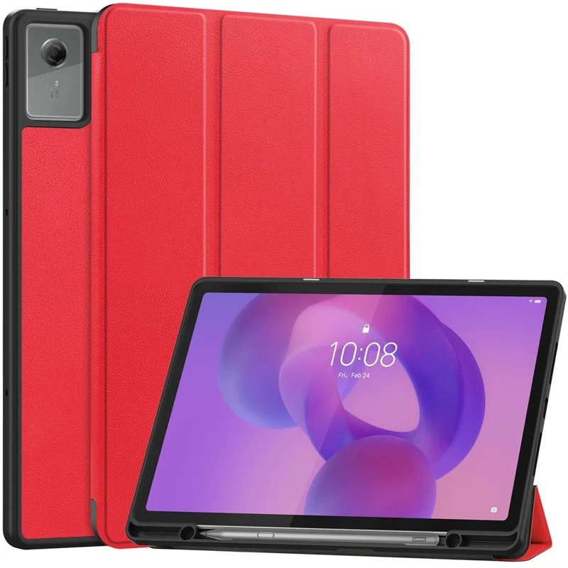 For Lenovo Idea Tab Plus Stand Case Shock-Absorbent Leather Tablet Cover with Pen Slot - Red