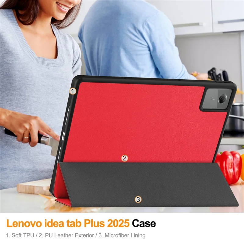 For Lenovo Idea Tab Plus Stand Case Shock-Absorbent Leather Tablet Cover with Pen Slot - Red