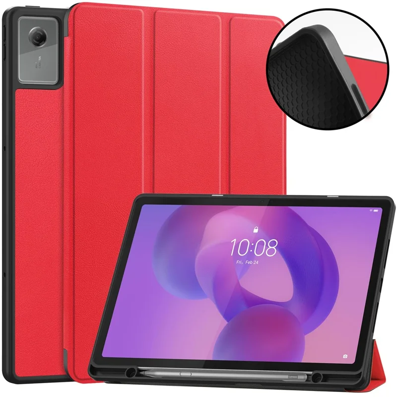 For Lenovo Idea Tab Plus Stand Case Shock-Absorbent Leather Tablet Cover with Pen Slot - Red