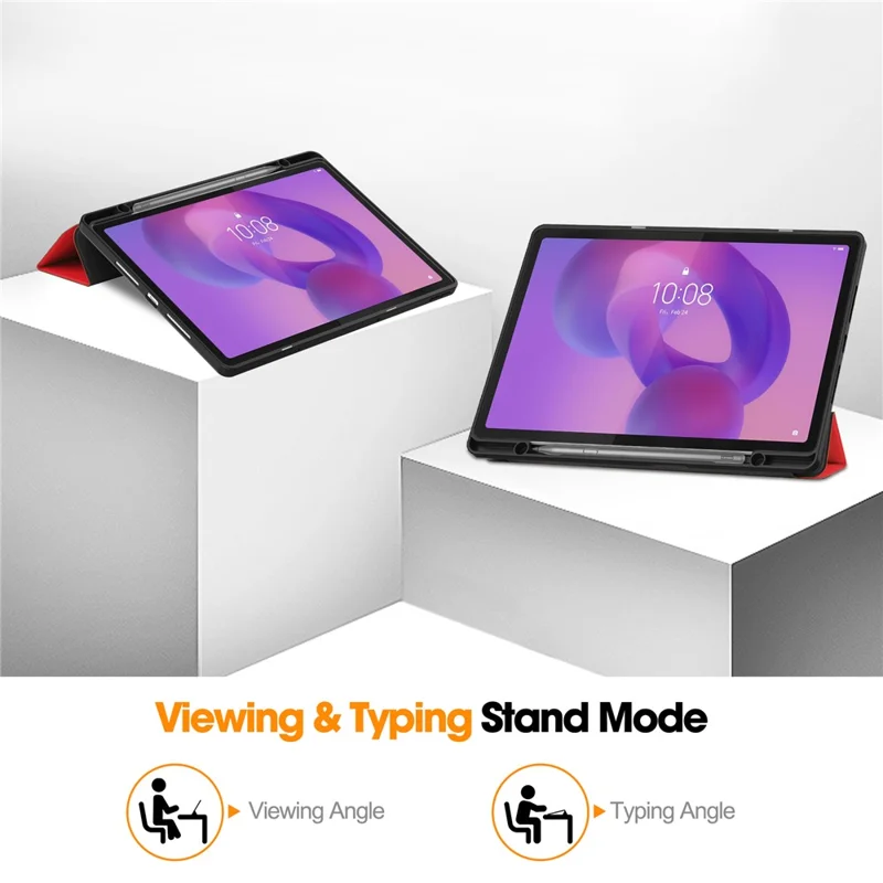 For Lenovo Idea Tab Plus Stand Case Shock-Absorbent Leather Tablet Cover with Pen Slot - Red