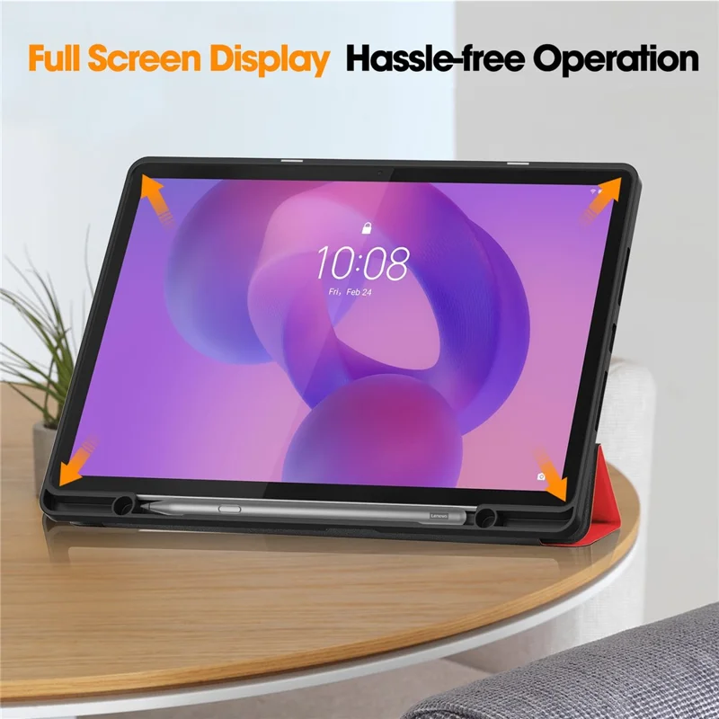 For Lenovo Idea Tab Plus Stand Case Shock-Absorbent Leather Tablet Cover with Pen Slot - Red