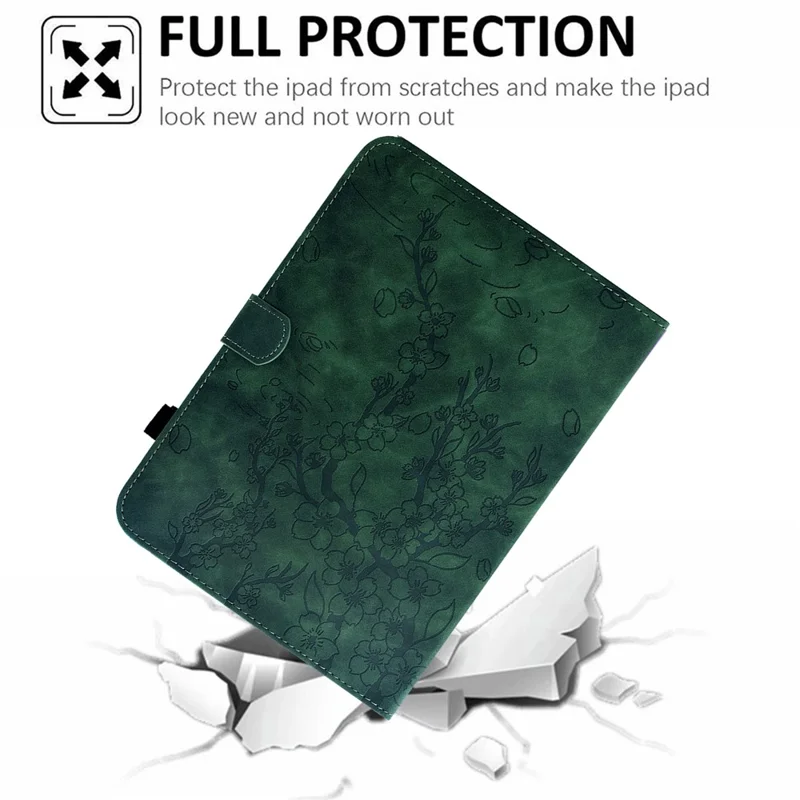 For iPad mini (2024) / mini (2021) Case Imprinted Plum Blossom Stand Card Slots Leather Tablet Cover with Auto Sleep / Wake - Green