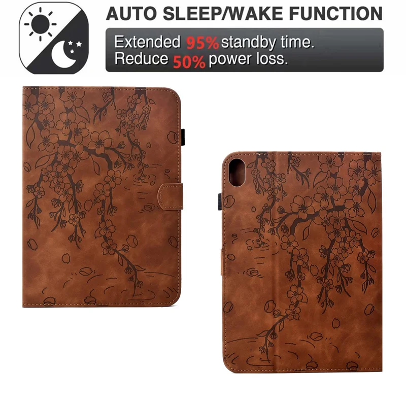 Fodral för iPad (2025) / iPad 10,9 (2022) med inpräglad plommonblomsterdesign, ställfunktion, kortfack, läder, automatiskt sömning/väckning – Brun