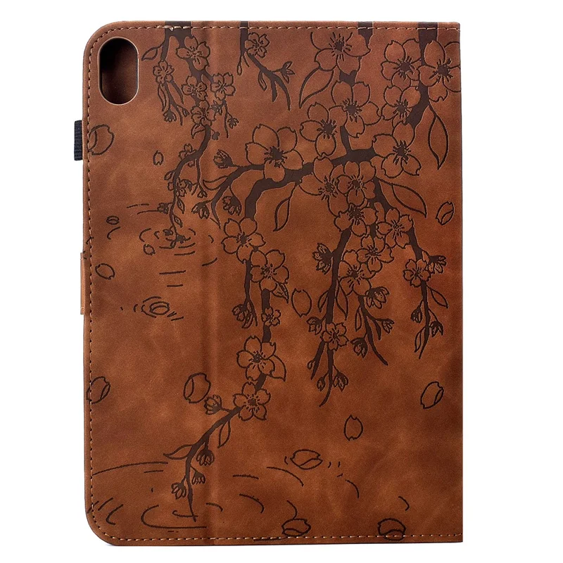 Fodral för iPad (2025) / iPad 10,9 (2022) med inpräglad plommonblomsterdesign, ställfunktion, kortfack, läder, automatiskt sömning/väckning – Brun