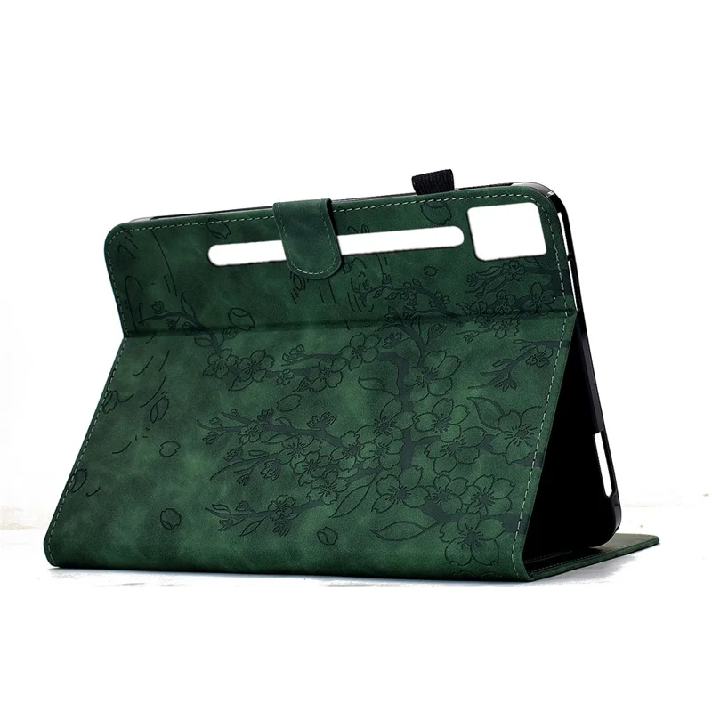 غطاء جراب لينوفو أيديا تاب برو / تاب P12 برو الجيل 2 بنمط زهرة الخوخ المطبوع مع حامل وفتحات لوضع البطاقات من الجلد مع وظيفة الإغلاق/الاستيقاظ التلقائي - أخضر