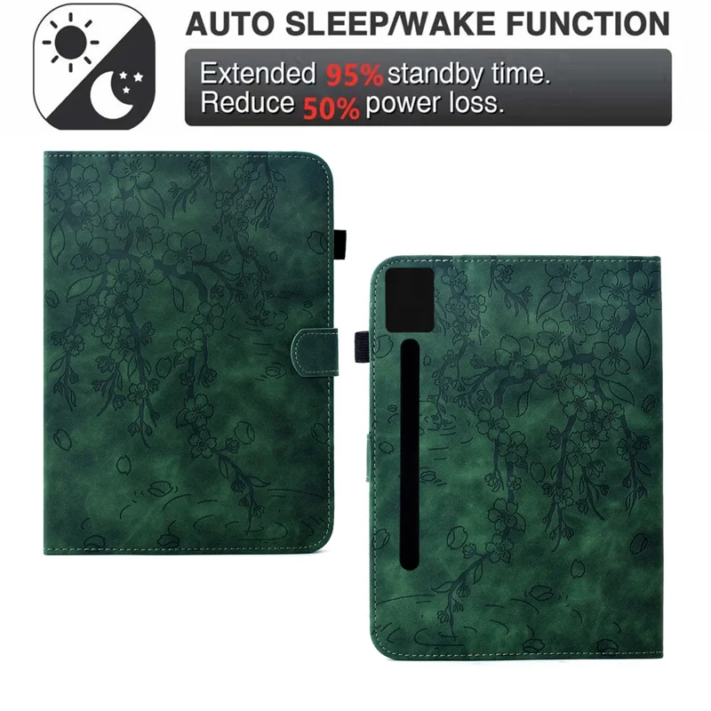 غطاء جراب لينوفو أيديا تاب برو / تاب P12 برو الجيل 2 بنمط زهرة الخوخ المطبوع مع حامل وفتحات لوضع البطاقات من الجلد مع وظيفة الإغلاق/الاستيقاظ التلقائي - أخضر