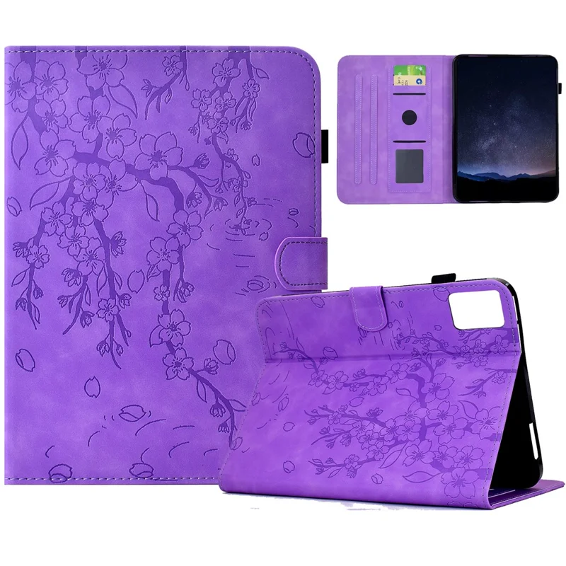 For Lenovo Tab M9 Case Imprinted Plum Blossom Stand Card Slots Leather Tablet Cover with Auto Sleep / Wake - Light Purple