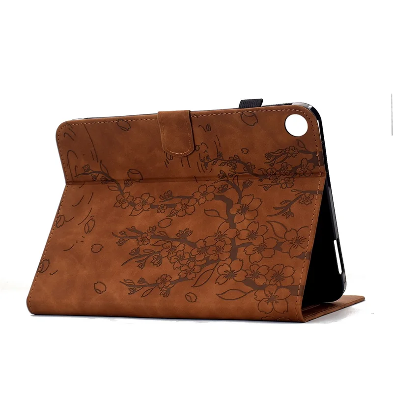 For Samsung Galaxy Tab A11+ / A9+ Case Imprinted Plum Blossom Stand Card Slots Leather Tablet Cover with Auto Sleep / Wake - Brown