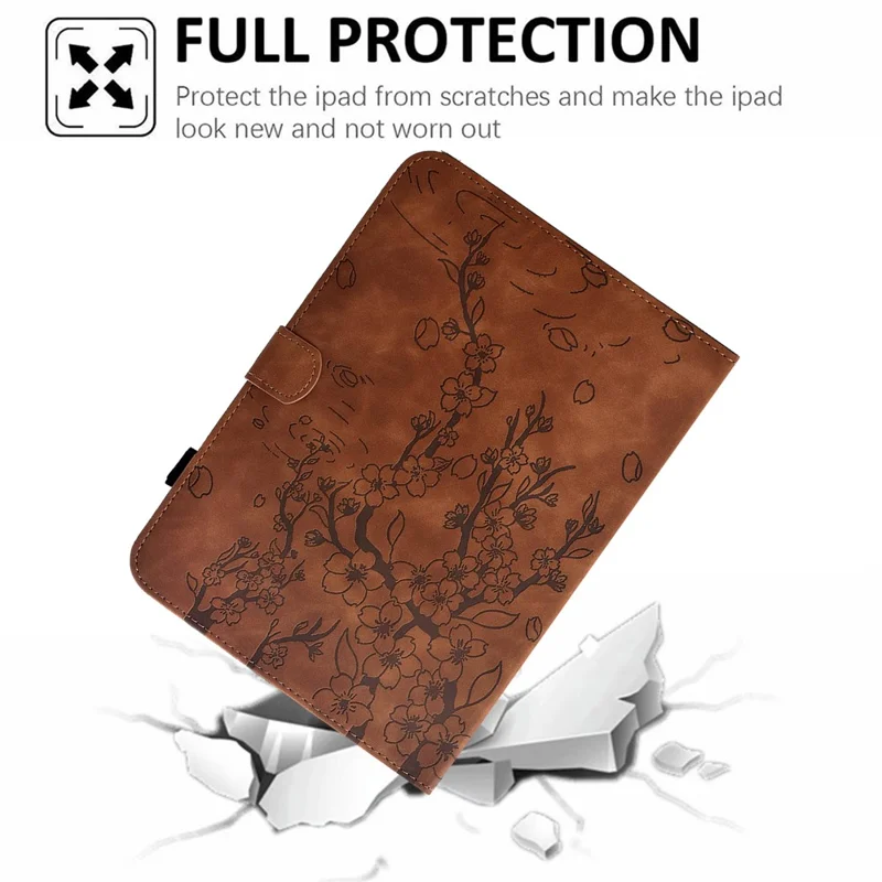 For Samsung Galaxy Tab A11+ / A9+ Case Imprinted Plum Blossom Stand Card Slots Leather Tablet Cover with Auto Sleep / Wake - Brown