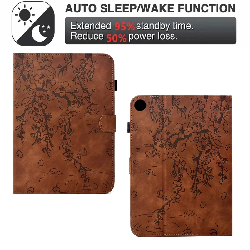 For Samsung Galaxy Tab A11+ / A9+ Case Imprinted Plum Blossom Stand Card Slots Leather Tablet Cover with Auto Sleep / Wake - Brown