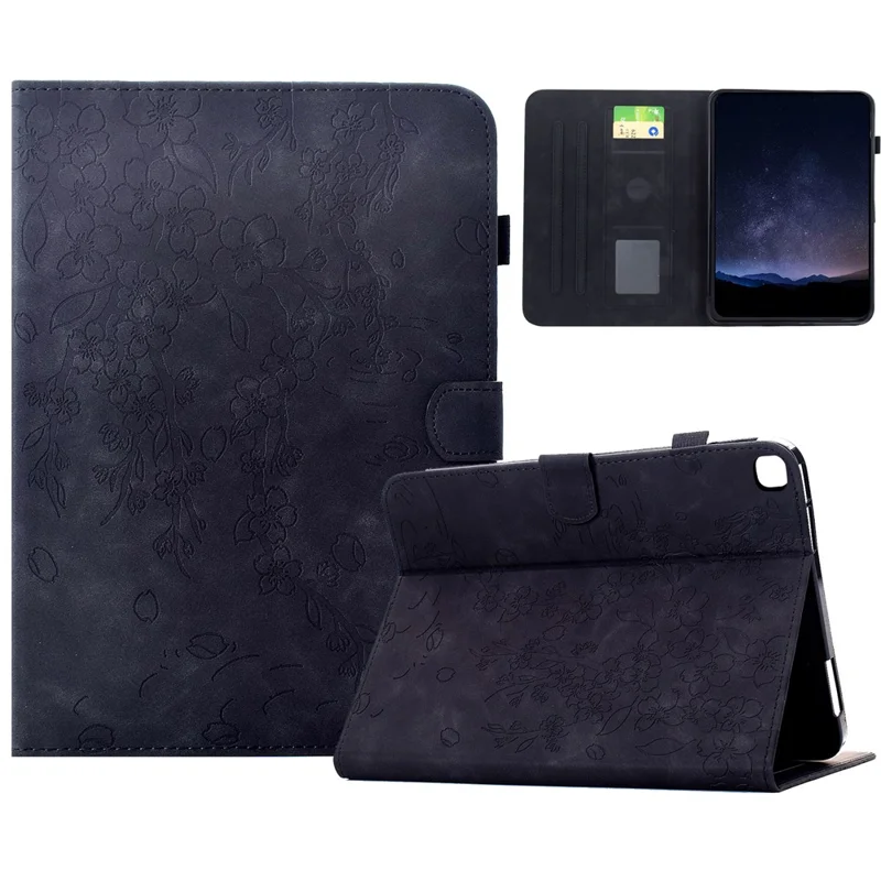 Leather Case for Samsung Galaxy Tab S6 Lite (2024) / (2022) / (2020) Imprinted Plum Blossom Stand Card Slots Tablet Cover with Auto Sleep / Wake - Black