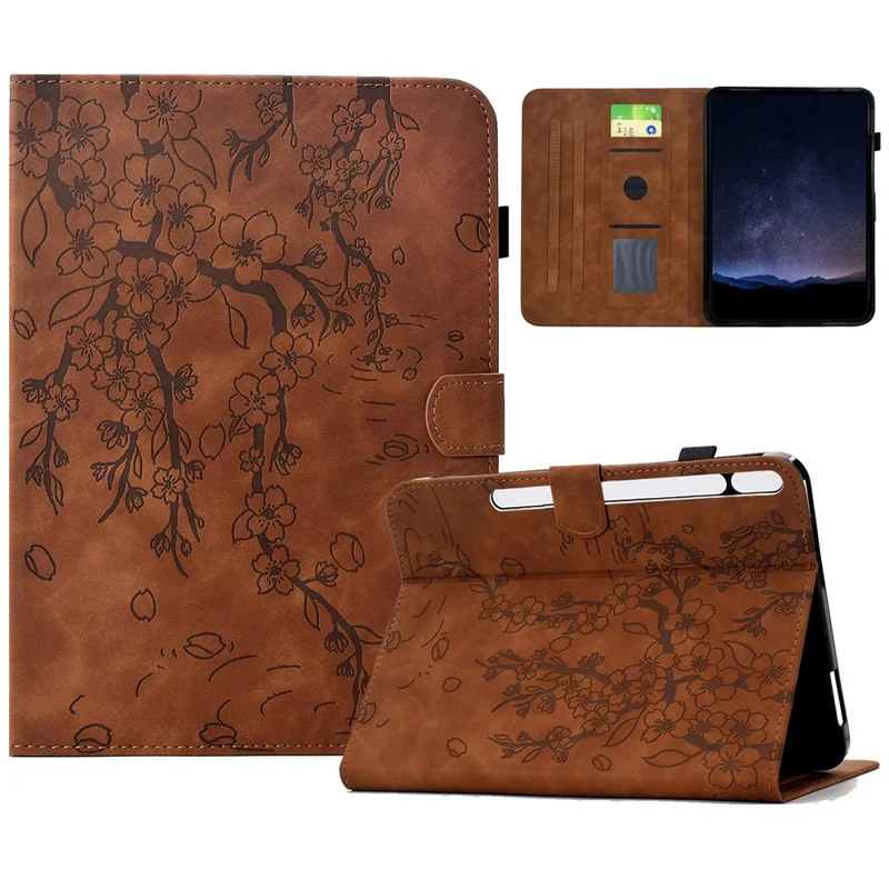 For Samsung Galaxy Tab S8 / S7 Case Imprinted Plum Blossom Stand Card Slots Leather Tablet Cover with Auto Sleep / Wake - Brown