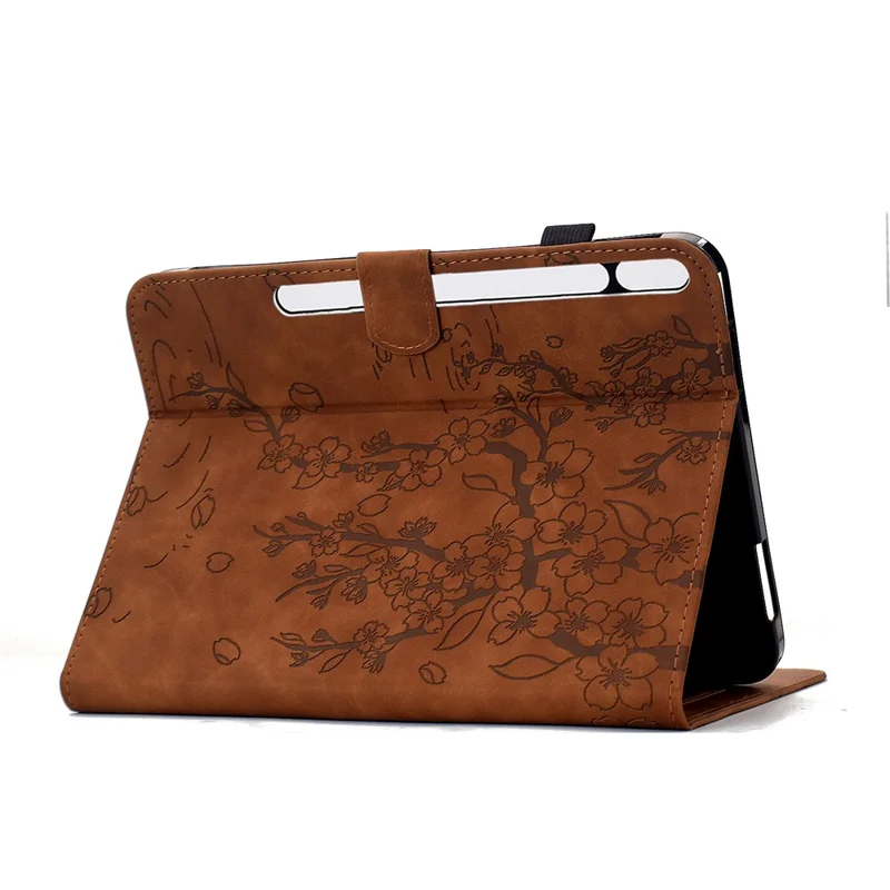 For Samsung Galaxy Tab S8 / S7 Case Imprinted Plum Blossom Stand Card Slots Leather Tablet Cover with Auto Sleep / Wake - Brown