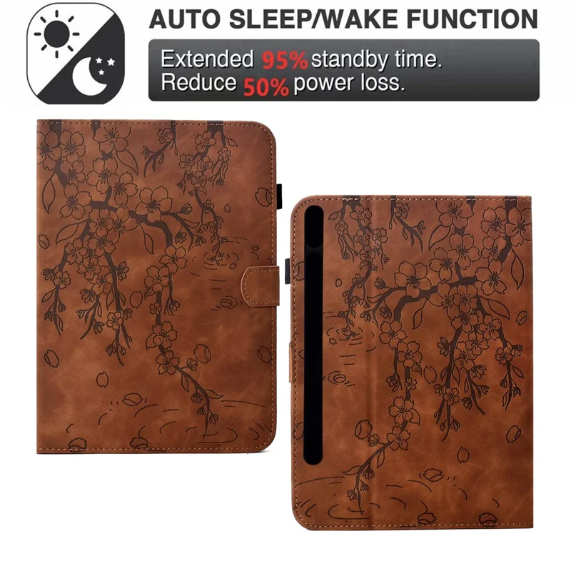 For Samsung Galaxy Tab S8 / S7 Case Imprinted Plum Blossom Stand Card Slots Leather Tablet Cover with Auto Sleep / Wake - Brown