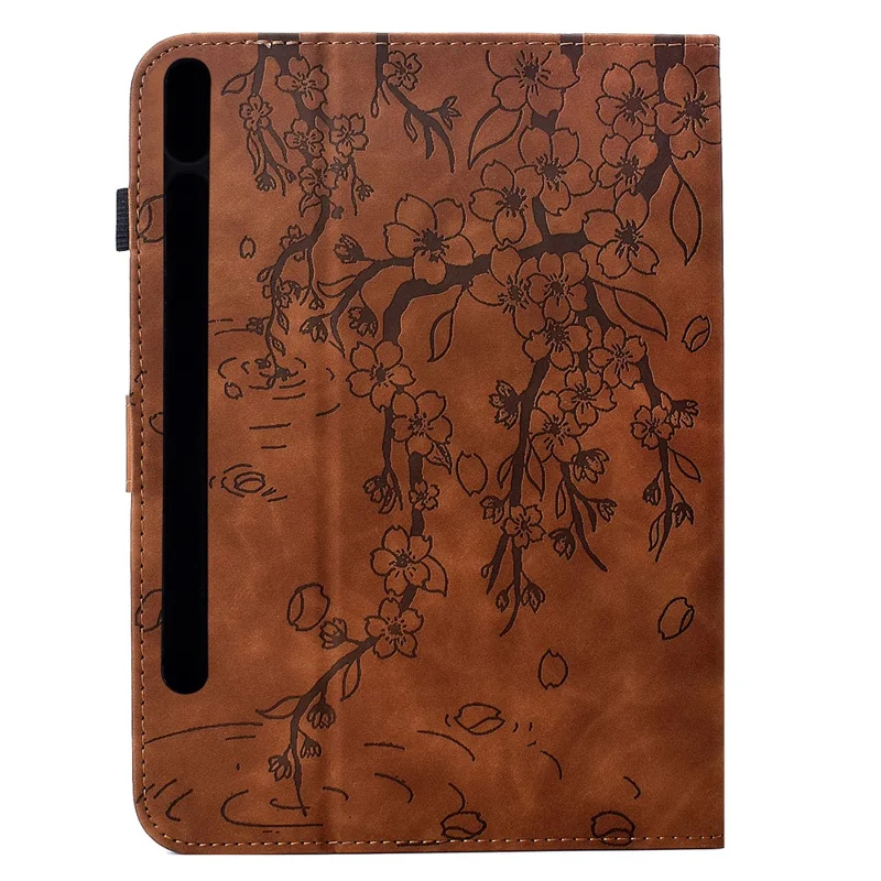 For Samsung Galaxy Tab S8 / S7 Case Imprinted Plum Blossom Stand Card Slots Leather Tablet Cover with Auto Sleep / Wake - Brown