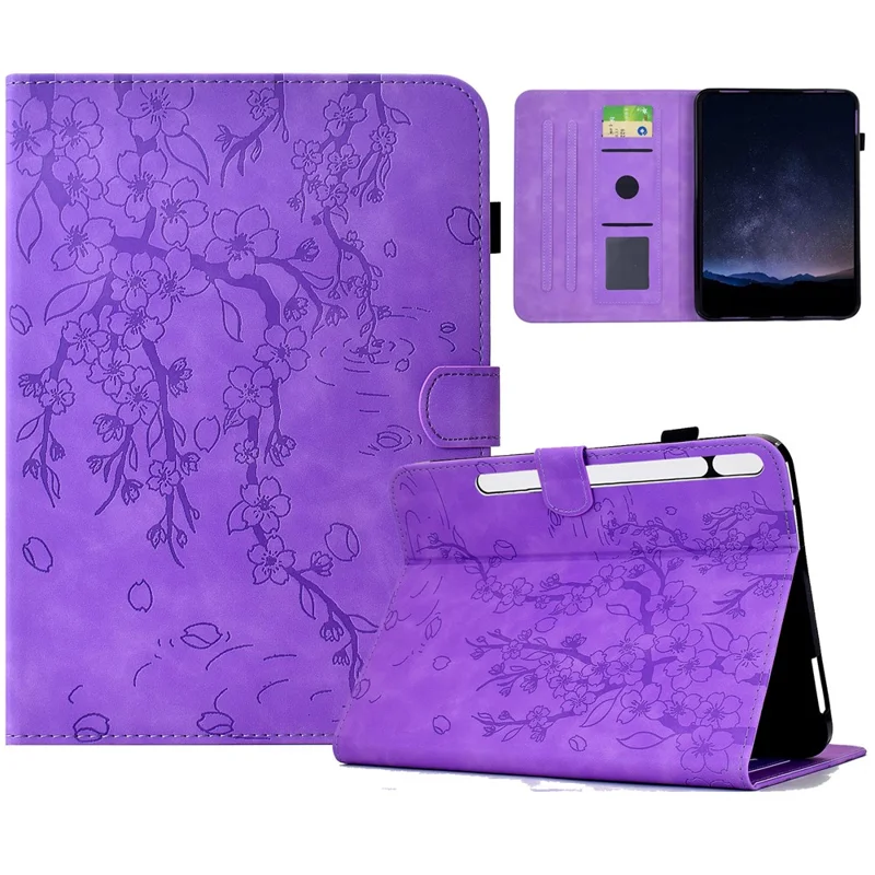 For Samsung Galaxy Tab S10 FE+ Case Imprinted Plum Blossom Stand Card Slots Leather Tablet Cover with Auto Sleep / Wake - Light Purple