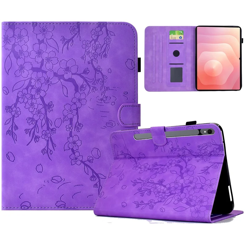 For Samsung Galaxy Tab S11 Case Imprinted Plum Blossom Stand Card Slots Leather Tablet Cover with Auto Sleep / Wake - Light Purple