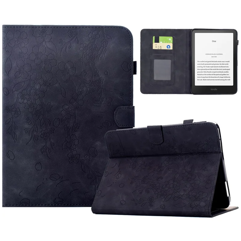 For Amazon Kindle Paperwhite (2024) Case Imprinted Plum Blossom Stand Card Slots Leather Tablet Cover with Auto Sleep / Wake - Black