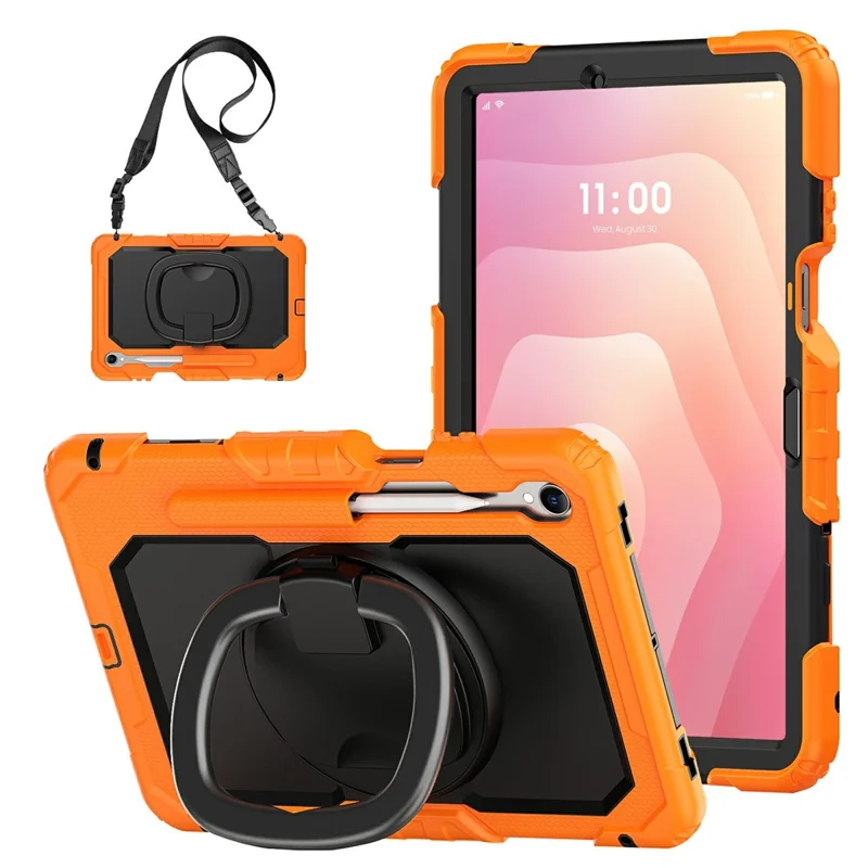 Samsung Galaxy Tab S11 Custodia con Supporto in PC + Custodia in Silicone per Tablet con Tracolla - Arancione