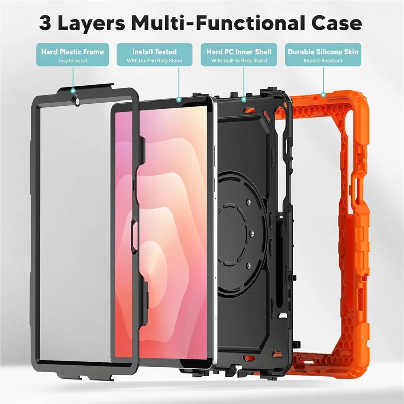 Samsung Galaxy Tab S11 Custodia con Supporto in PC + Custodia in Silicone per Tablet con Tracolla - Arancione