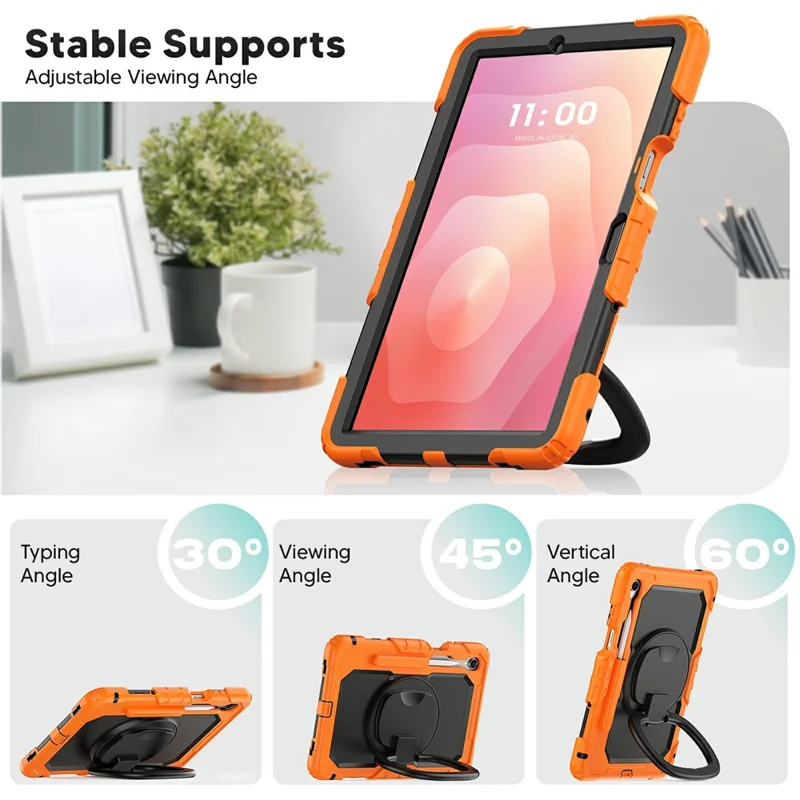 Samsung Galaxy Tab S11 Custodia con Supporto in PC + Custodia in Silicone per Tablet con Tracolla - Arancione