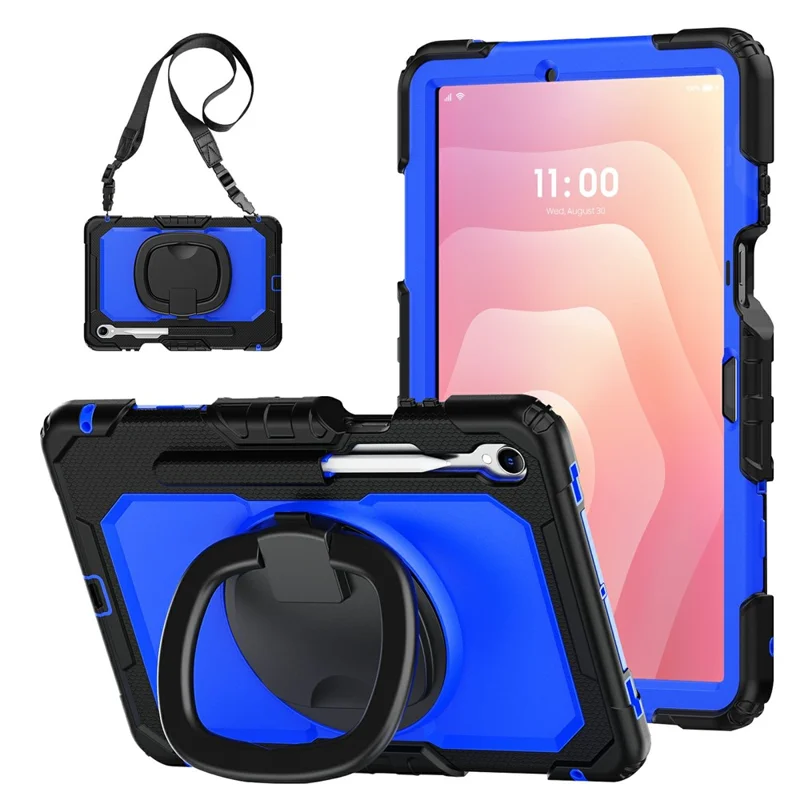 For Samsung Galaxy Tab S11 Kickstand Case PC + Silicone Tablet Cover with Shoulder Strap - Black / Dark Blue