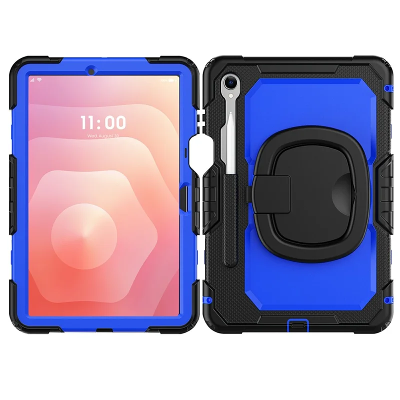 For Samsung Galaxy Tab S11 Kickstand Case PC + Silicone Tablet Cover with Shoulder Strap - Black / Dark Blue
