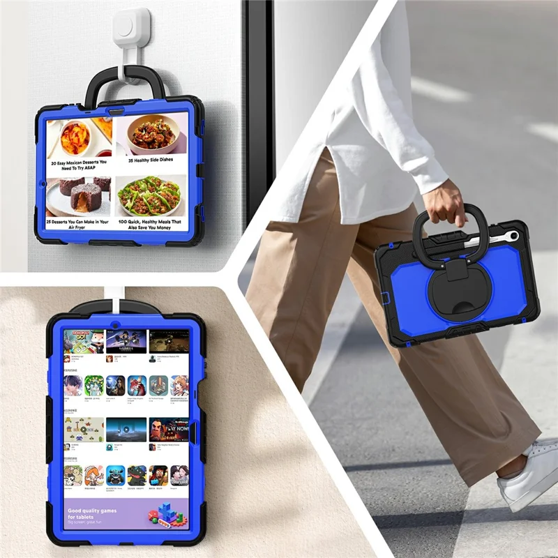 For Samsung Galaxy Tab S11 Kickstand Case PC + Silicone Tablet Cover with Shoulder Strap - Black / Dark Blue