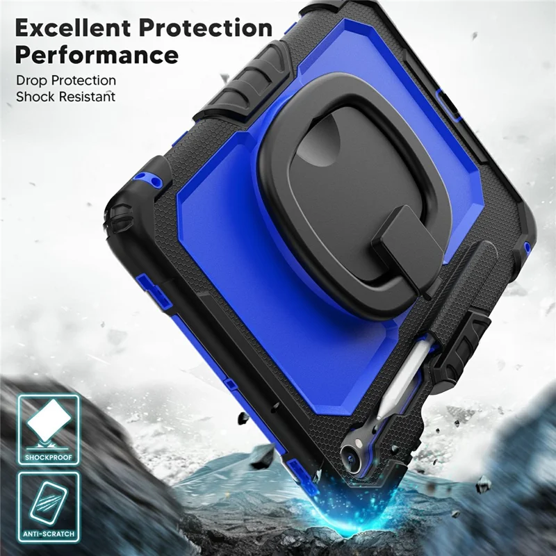 For Samsung Galaxy Tab S11 Kickstand Case PC + Silicone Tablet Cover with Shoulder Strap - Black / Dark Blue