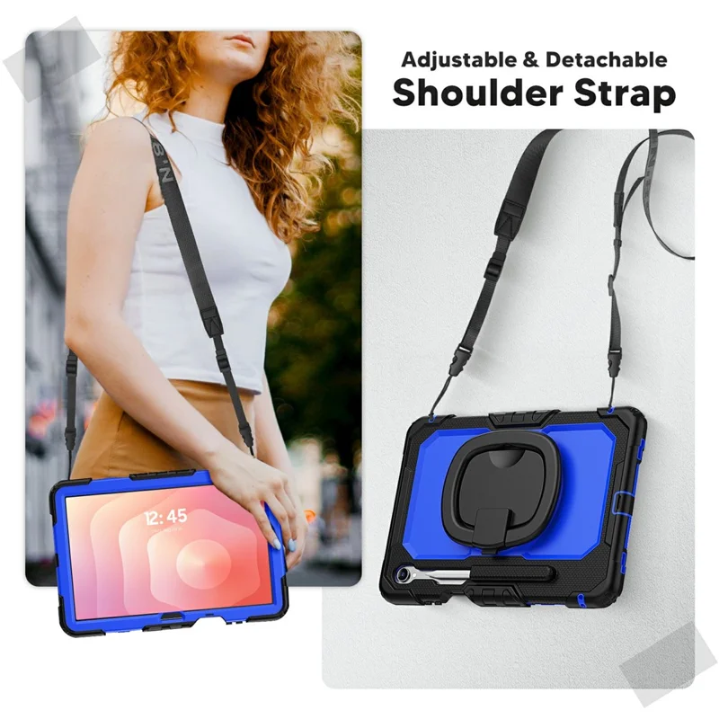 For Samsung Galaxy Tab S11 Kickstand Case PC + Silicone Tablet Cover with Shoulder Strap - Black / Dark Blue