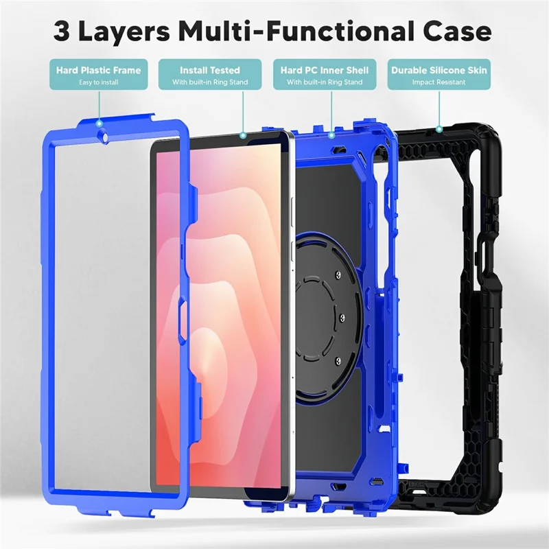 For Samsung Galaxy Tab S11 Kickstand Case PC + Silicone Tablet Cover with Shoulder Strap - Black / Dark Blue