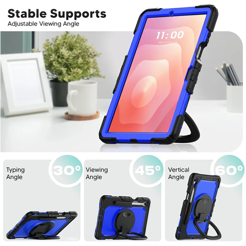 For Samsung Galaxy Tab S11 Kickstand Case PC + Silicone Tablet Cover with Shoulder Strap - Black / Dark Blue