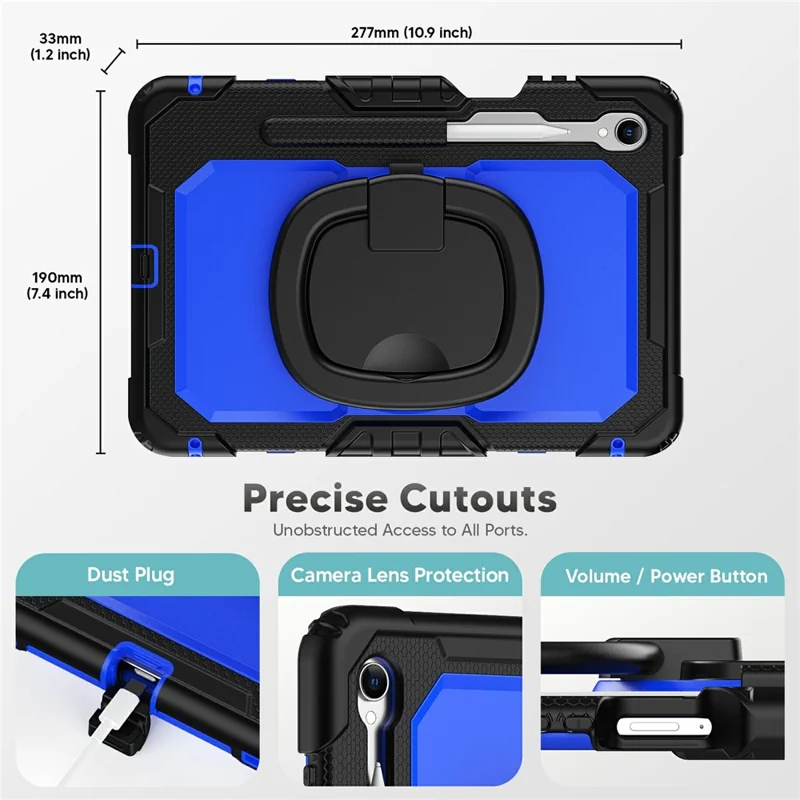 For Samsung Galaxy Tab S11 Kickstand Case PC + Silicone Tablet Cover with Shoulder Strap - Black / Dark Blue