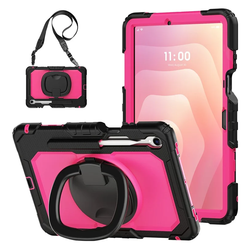 For Samsung Galaxy Tab S11 Kickstand Case PC + Silicone Tablet Cover with Shoulder Strap - Black / Rose