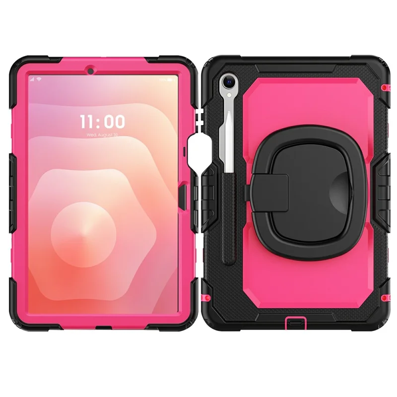 For Samsung Galaxy Tab S11 Kickstand Case PC + Silicone Tablet Cover with Shoulder Strap - Black / Rose