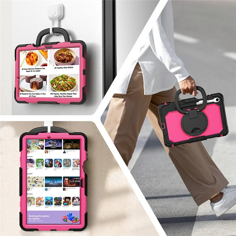 For Samsung Galaxy Tab S11 Kickstand Case PC + Silicone Tablet Cover with Shoulder Strap - Black / Rose