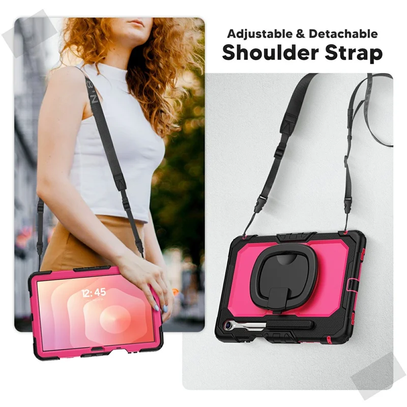 For Samsung Galaxy Tab S11 Kickstand Case PC + Silicone Tablet Cover with Shoulder Strap - Black / Rose