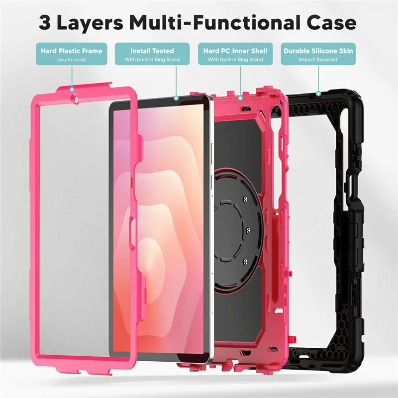 For Samsung Galaxy Tab S11 Kickstand Case PC + Silicone Tablet Cover with Shoulder Strap - Black / Rose